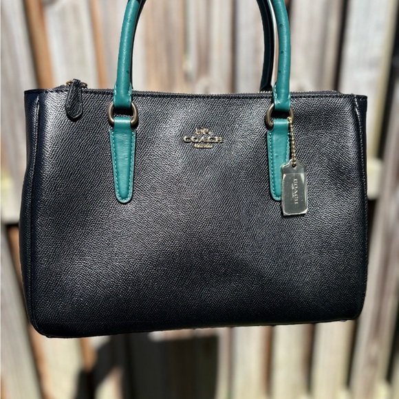 Coach Surrey Carryall Black Satchel w/ Ostrich Embossed Teal Leather Handles - Picture 6 of 15
